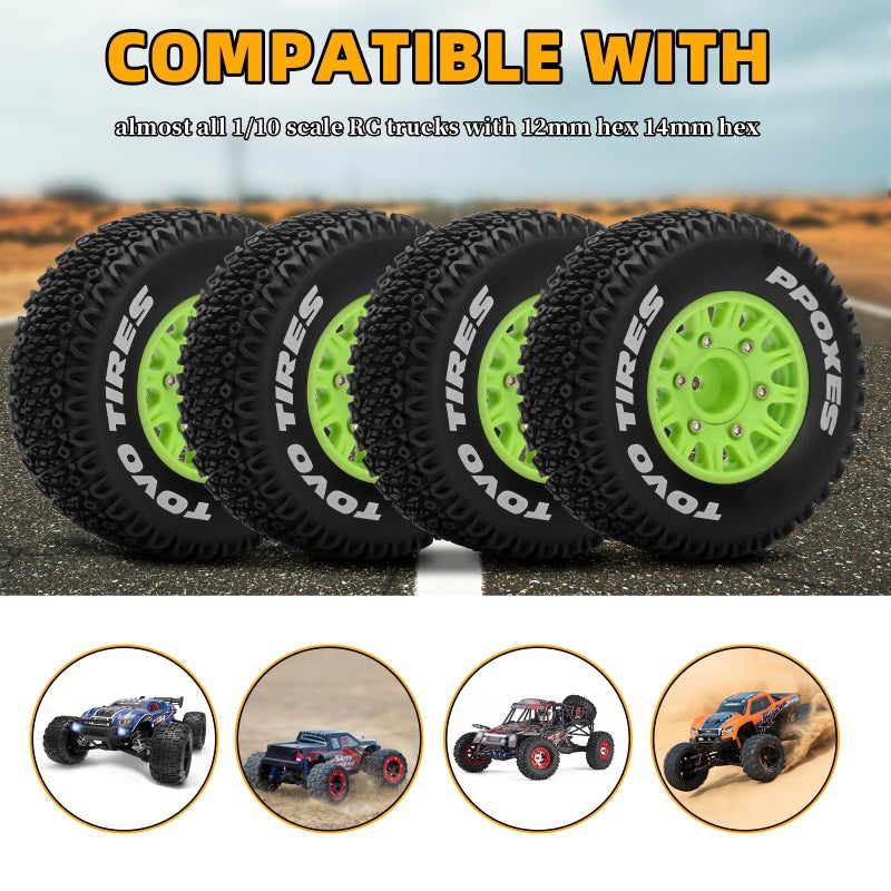 daitoku 12mm/14mm/17mm Hex RC Wheels and Tires RC Truck Tires 1/10 Scale Tyres Detachable Replacement RC Car Tires for Arrma Senton Tires Slash Tires Axial Fury Redcat Rc4wd Hex (Green) - Image 5